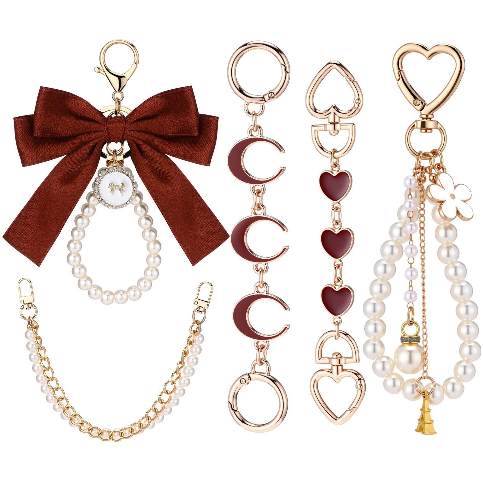 Wholesale Pearl Cute Blue Bow 5-piece Keychain Set