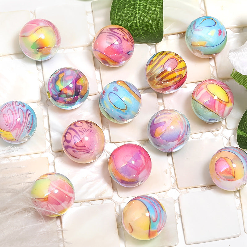 Wholesale 100pcs Graffiti Printed Acrylic UV Plated Colored Round Beads