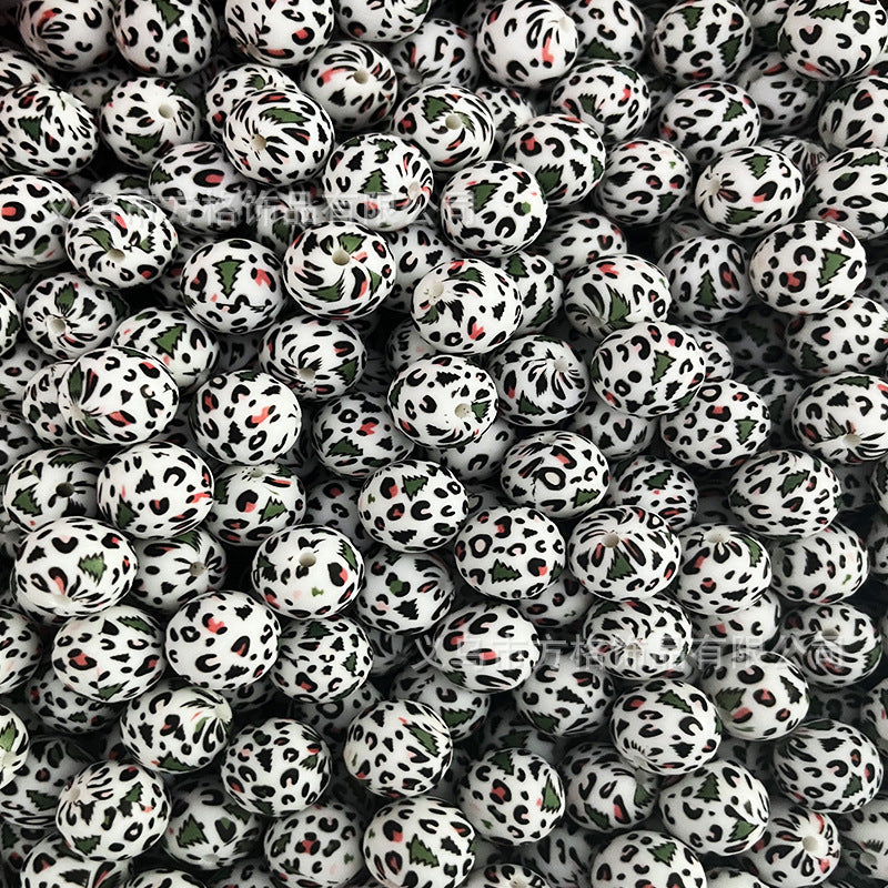 Wholesale 50pcs DIY Christmas Snowman Christmas Tree Printing 15mm Silicone Beads