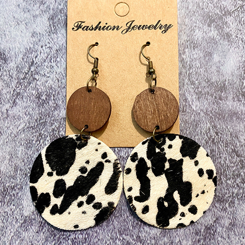 Wholesale Vintage Western Wood Genuine Leather Horse Hair Stitching Earrings
