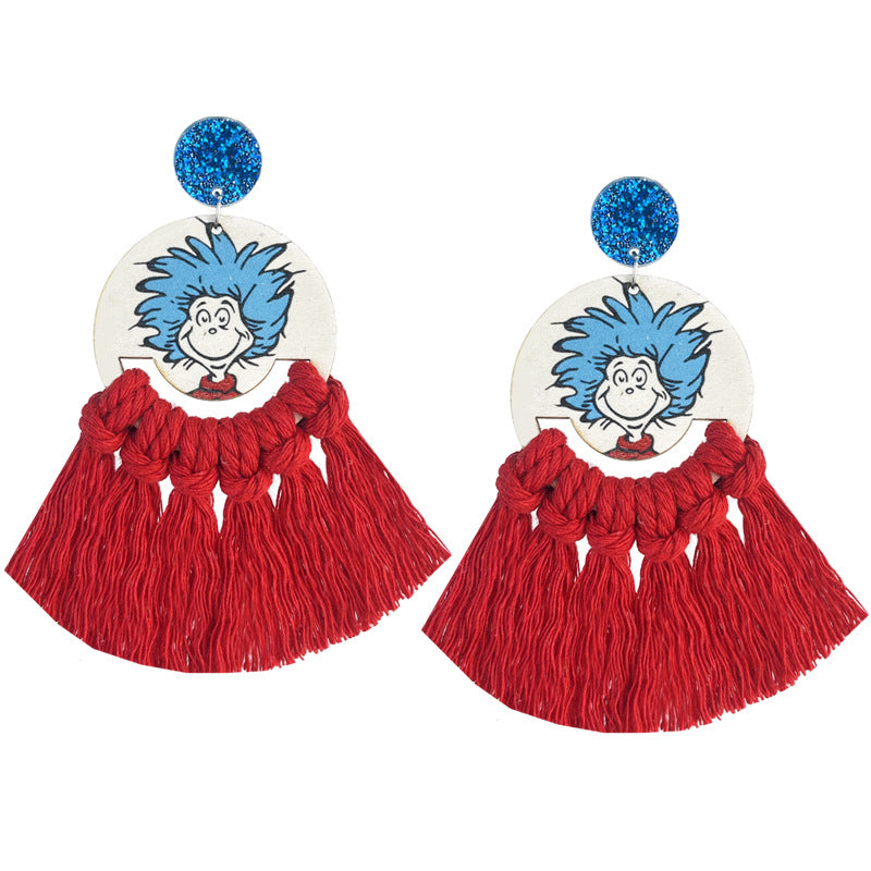 Wholesale Braided Tassel Multicolor Fan-Shaped Textured Rainbow Color Teacher Letter English Math Earrings