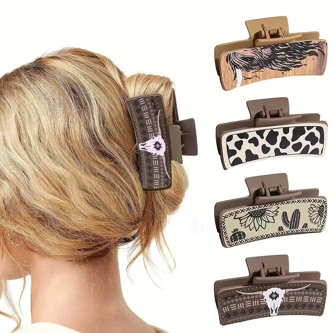 Wholesale Women S Hair Claw Clip Western Cowboy Cactus Cattle Head Design Artificial Leather Hair Accessory For Everyday Styling