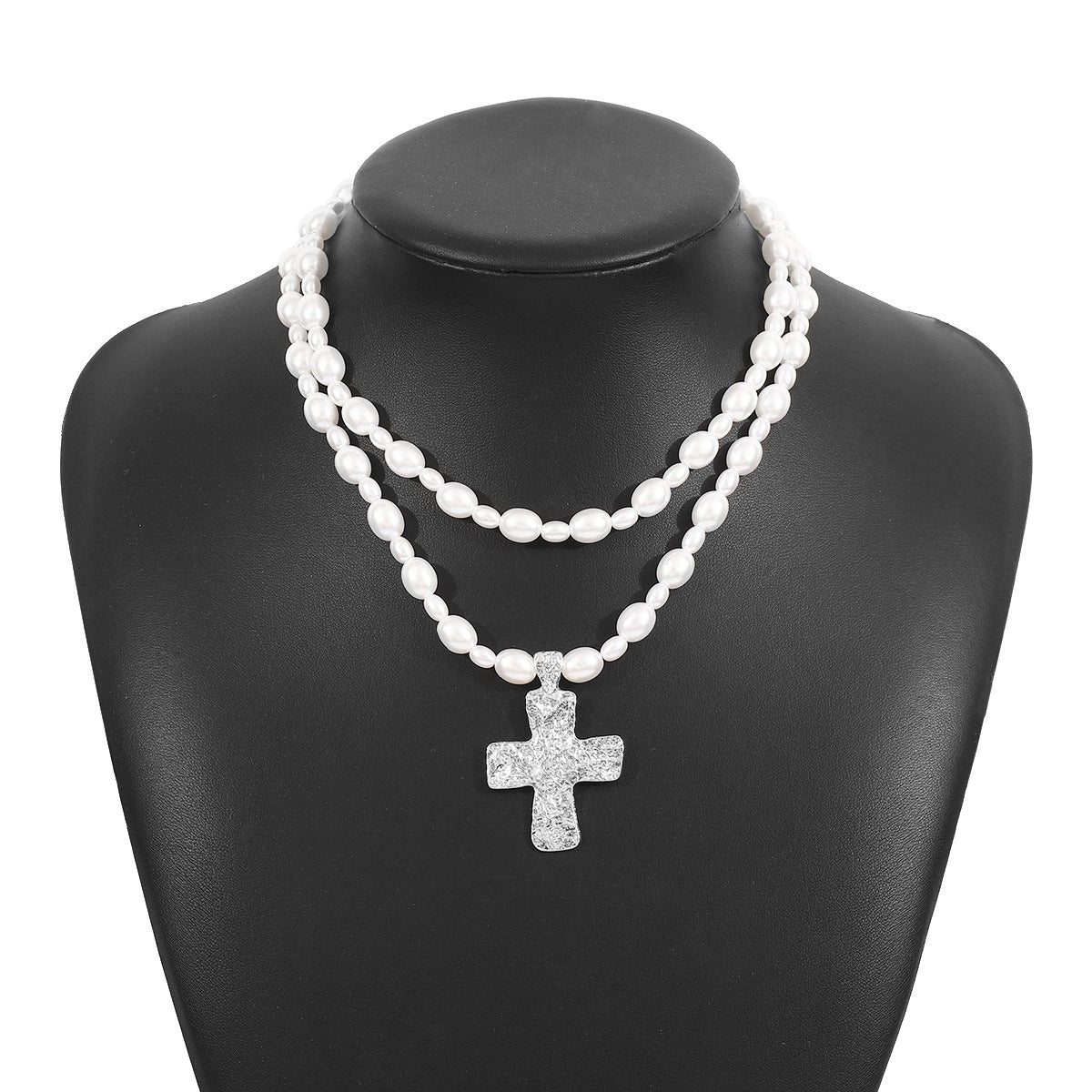 Wholesale Cross Pendant Vintage Pearl Double Layer Clavicle Necklace