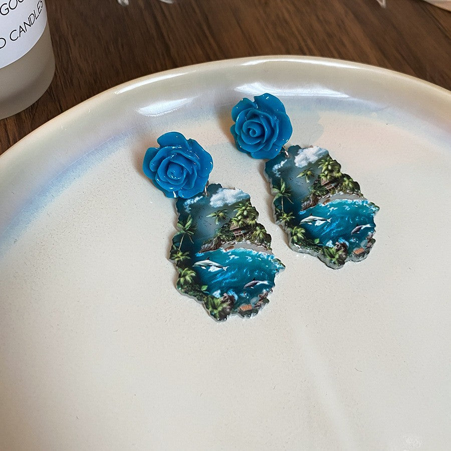 Wholesale Silver Needle French Oil Painting Sunflower Earrings