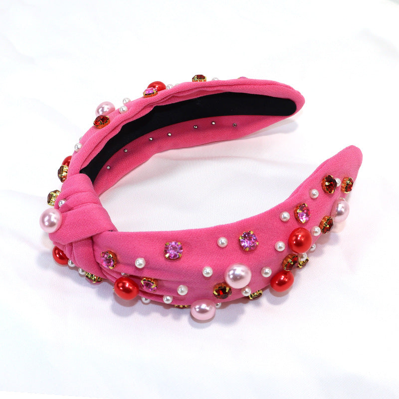 Wholesale Valentine's Day Pearl Rhinestone Fabric High Cranial Top Hair Hoop Face Wash Out Headwear