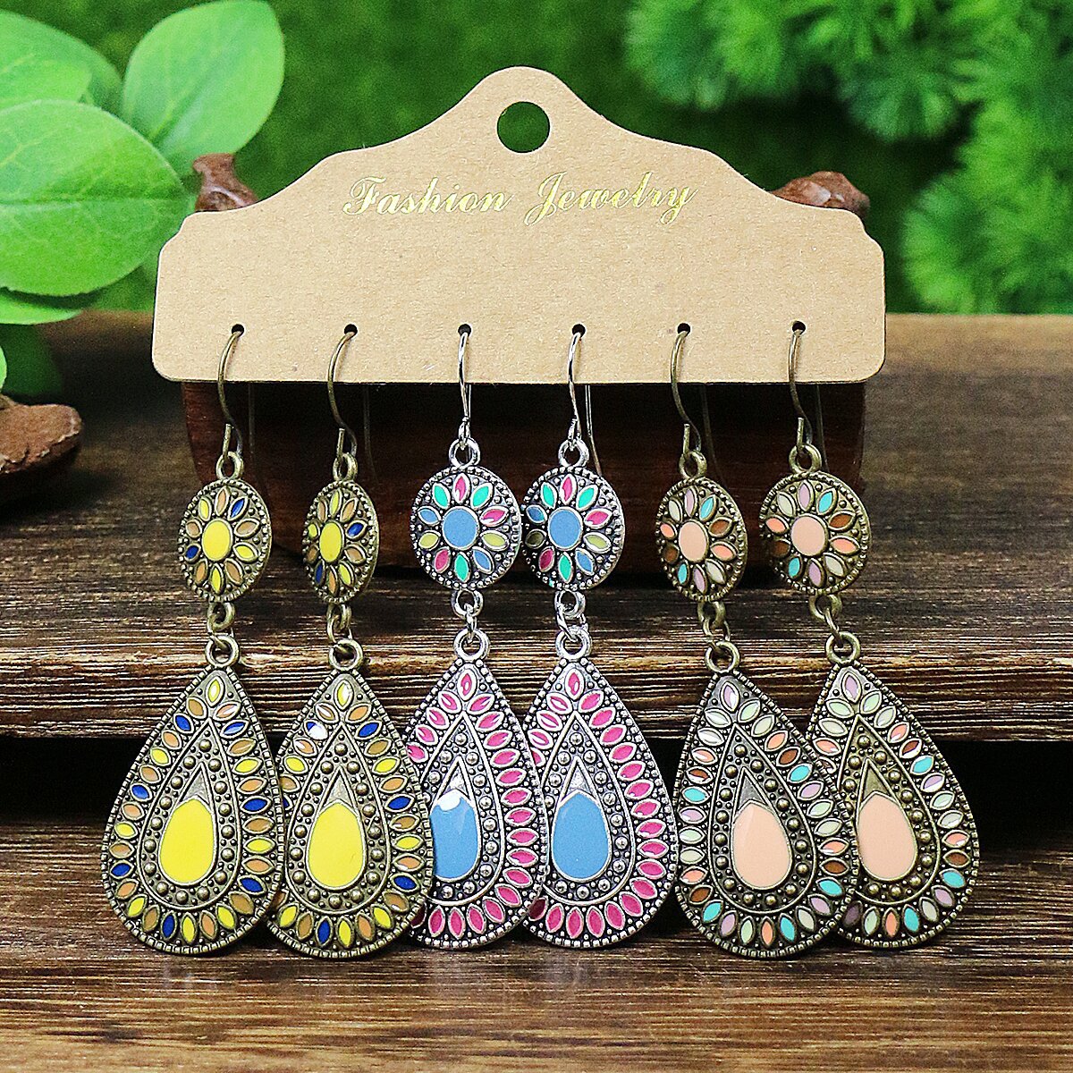 Wholesale Vintage Water Drop Oil Rice Beads Feather Set Earrings