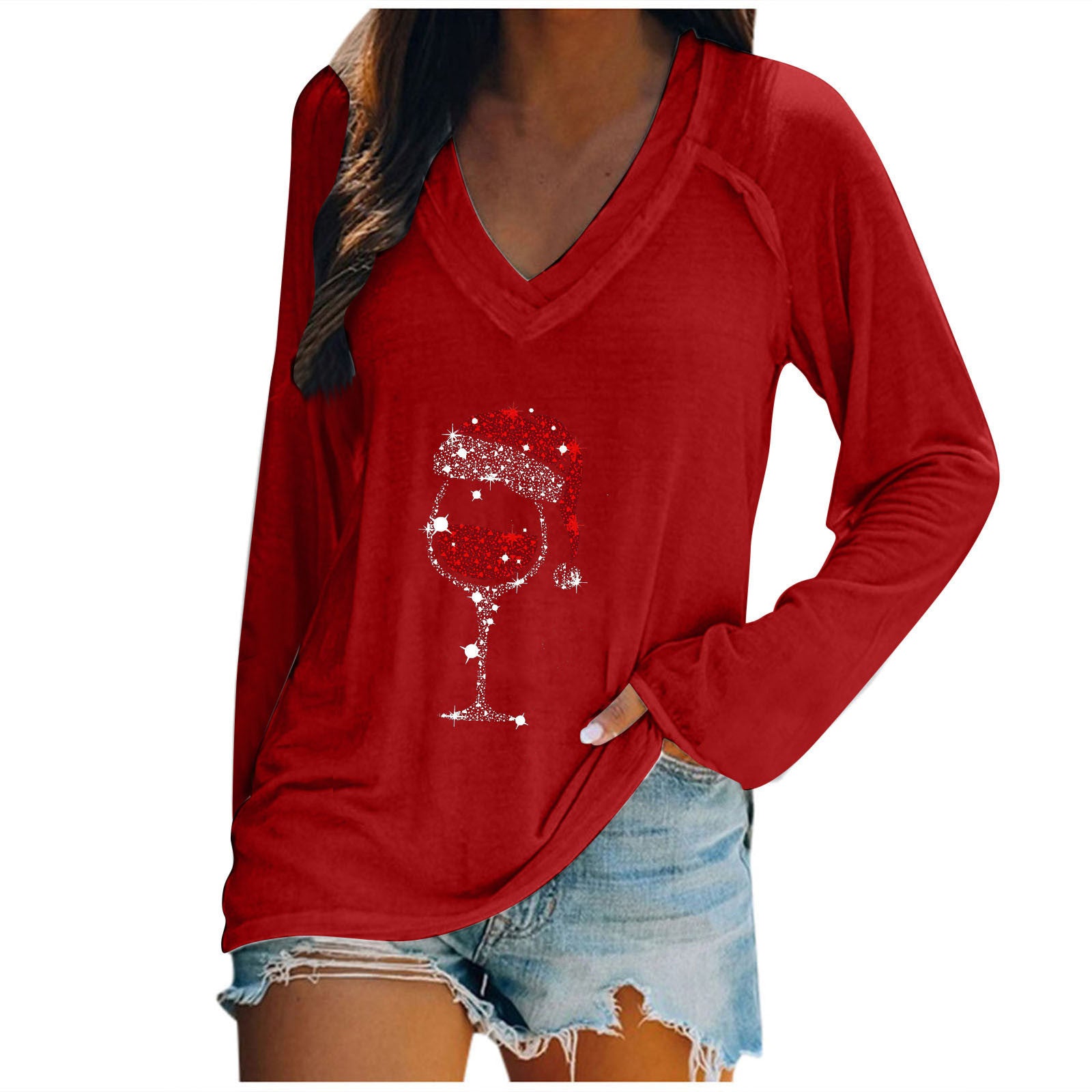 Wholesale Valentine's Day Long Sleeve Women's Long Sleeve Cup Printing Long Sleeve V-neck T-shirt