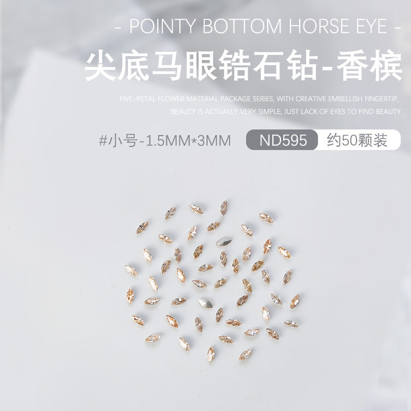 Wholesale 50pcs nail art pointed bottom diamond 5A zircon large, medium and small horse eye diamond special shaped diamond nail decoration