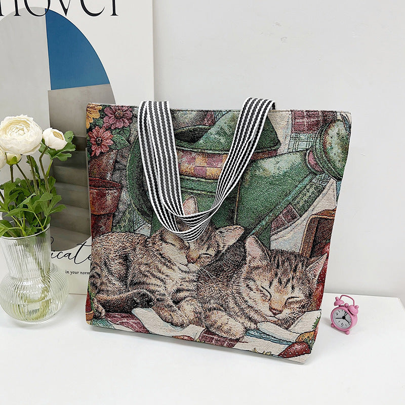 Wholesale Vintage Embroidered Cat Puppy Canvas Bag