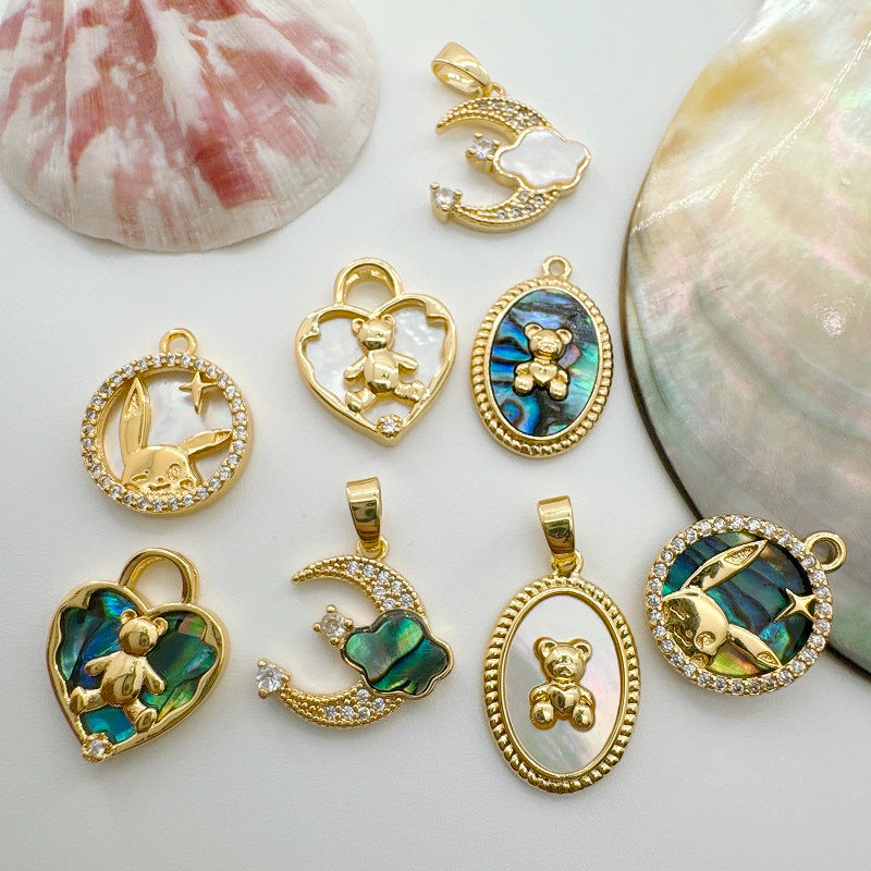 Wholesale Golden Natural Shell Abalone Shell Bear  Bracelet Necklace DIY Pendant