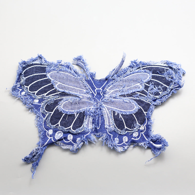 Wholesale Blue denim brass butterfly embroidery patch