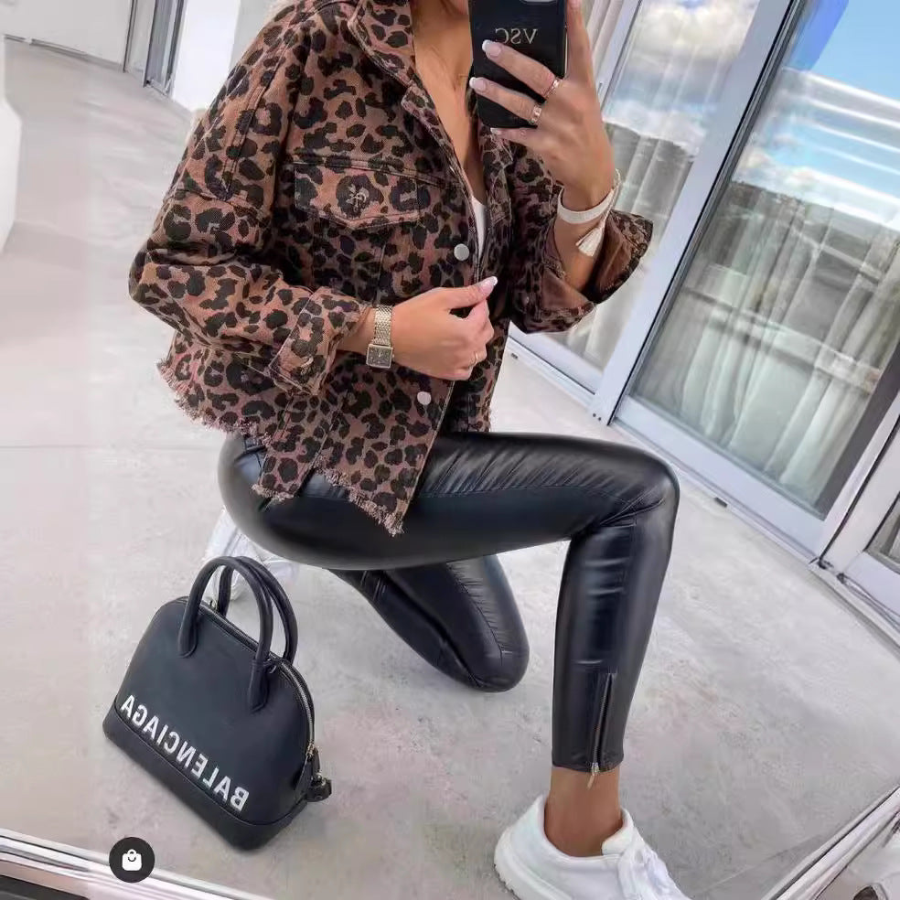 Wholesale Leopard Print Long Sleeve Short Loose Casual Denim Jacket