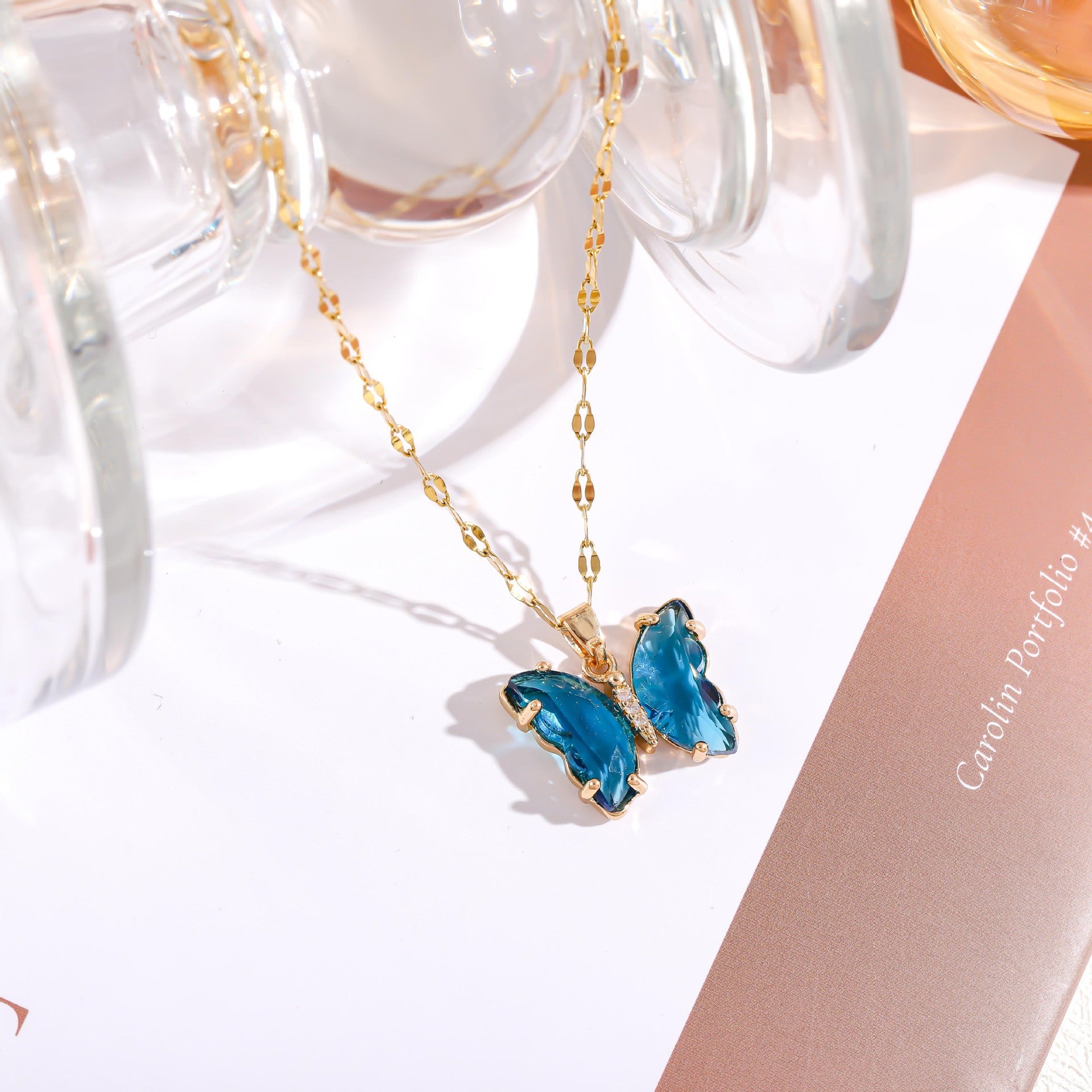 Wholesale Micropaved Zirconia Gradient Colorful Butterfly Necklace
