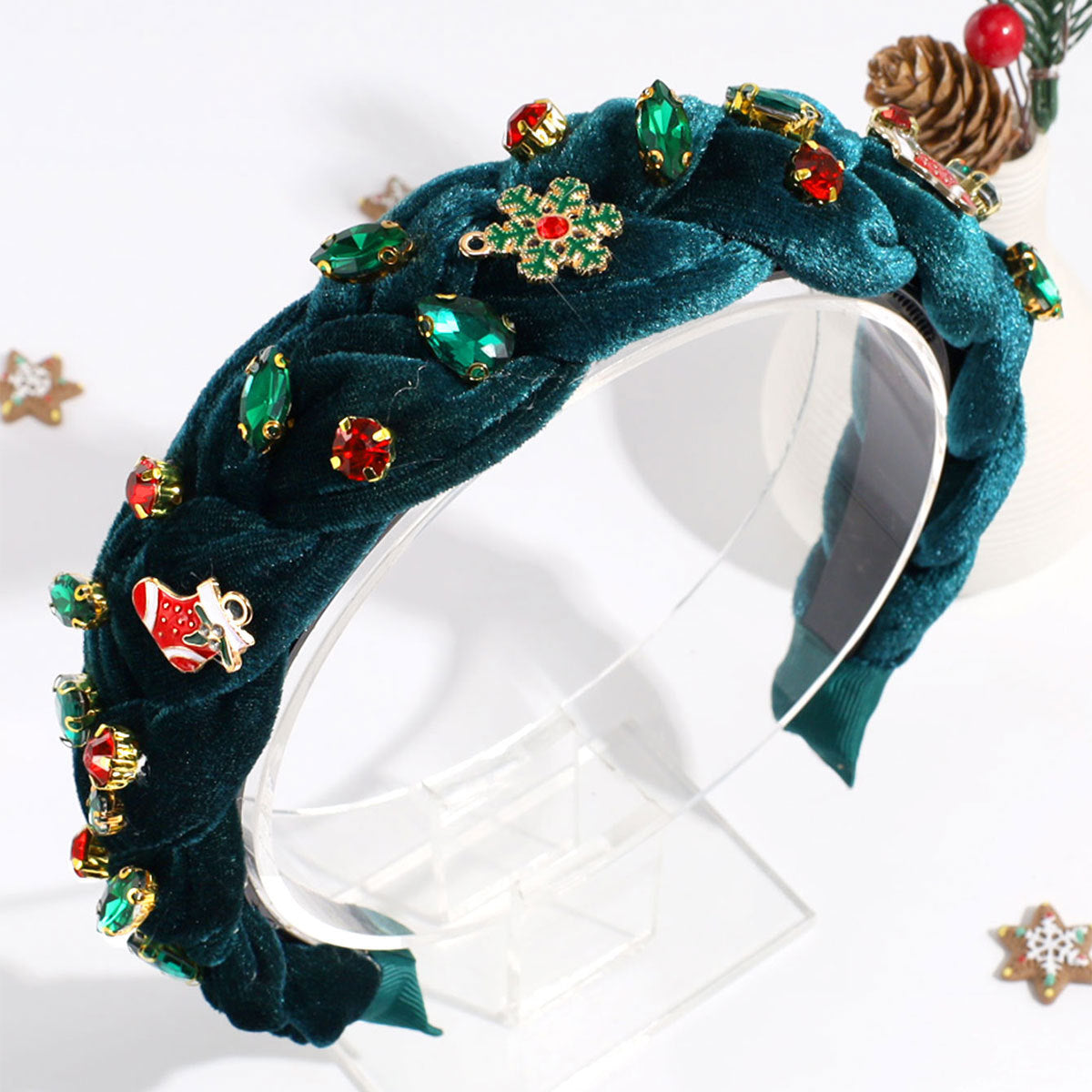 Wholesale Christmas Wide Fried Dough Twists Braid Rhinestone Cloth Headband