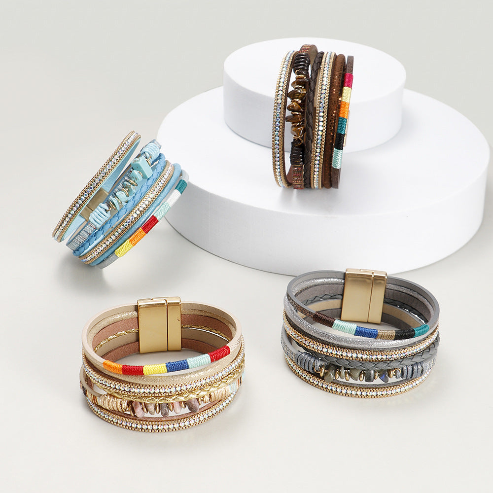 Wholesale Turquoise Bohemian Colorful Rope Woven Multilayer Leather Bracelets