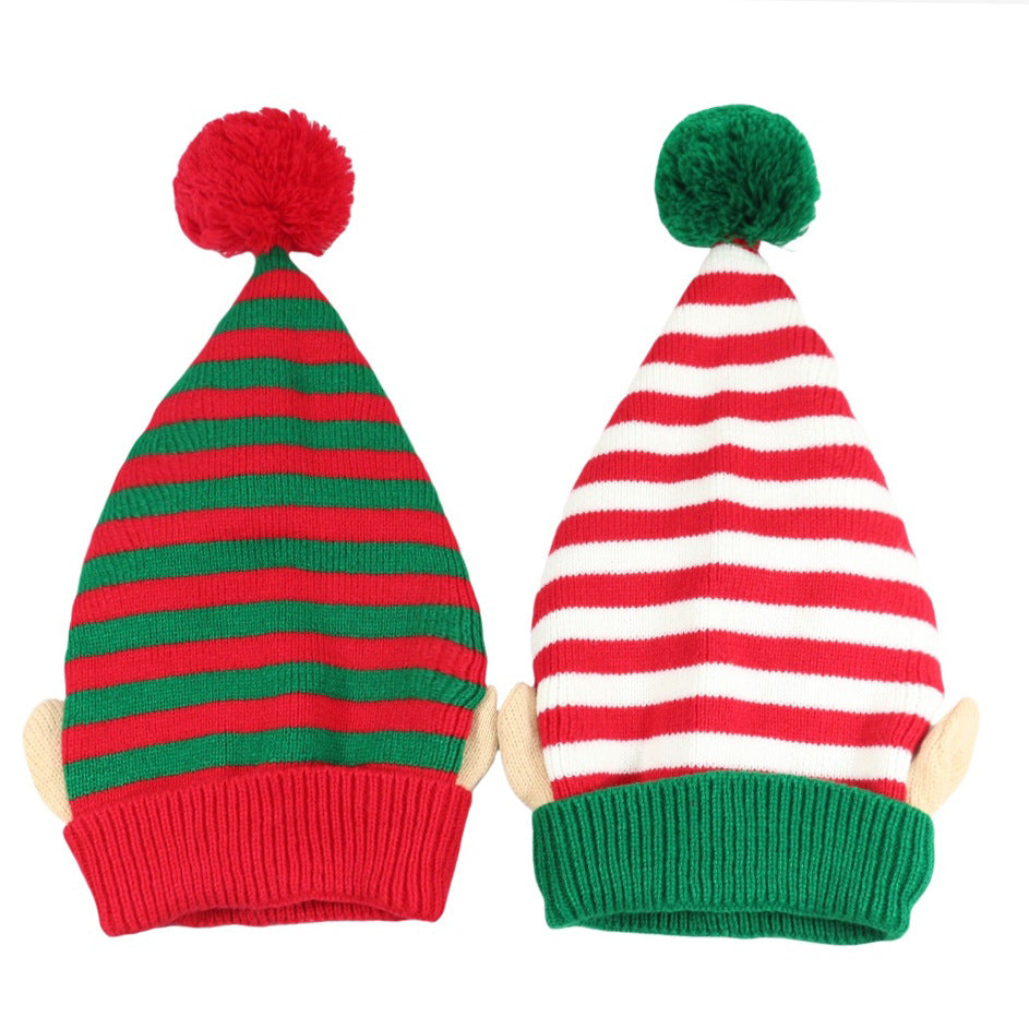 Wholesale Striped Christmas hat with small ears and jacquard pom-pom festive knit hat