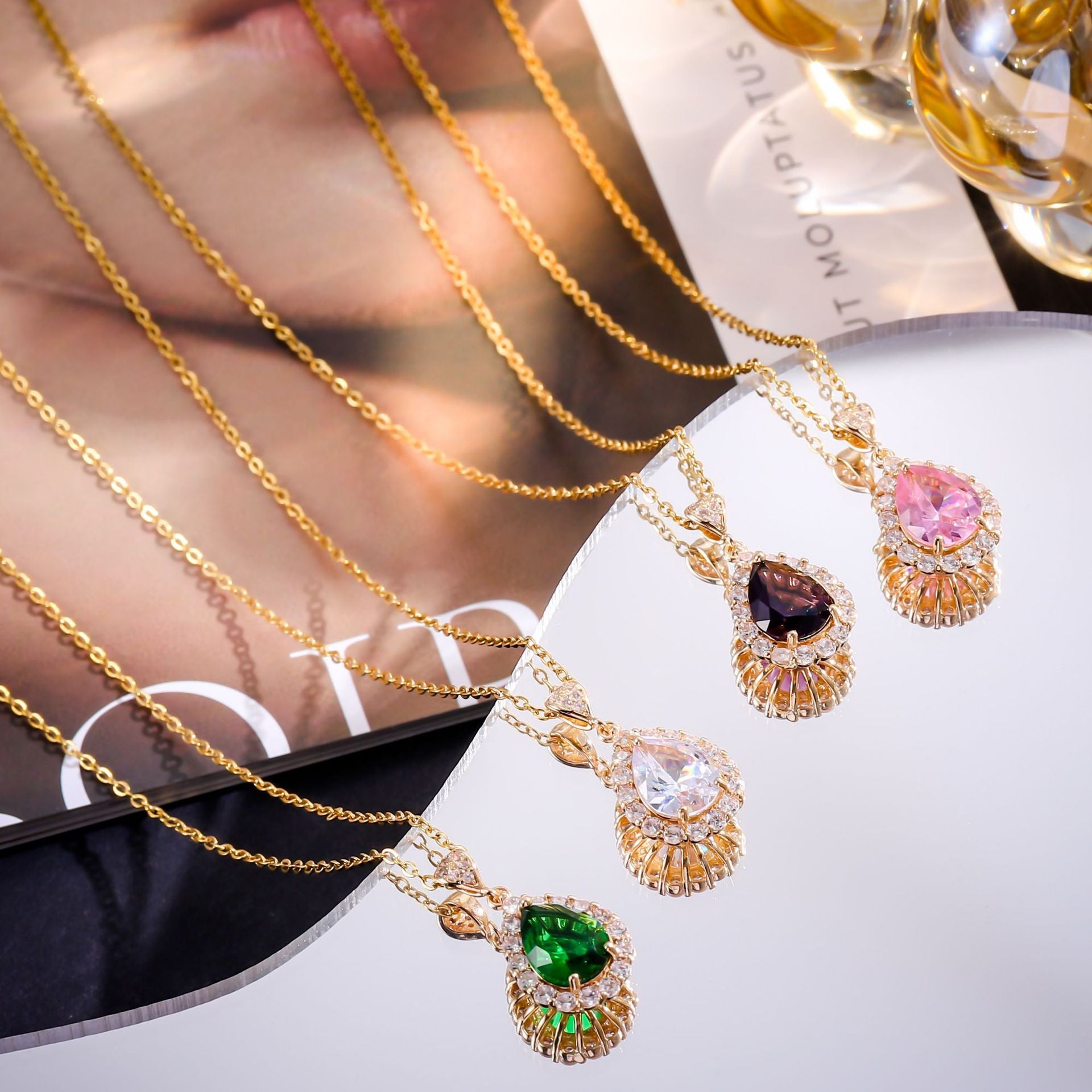 Wholesale zircon full diamond water drop color diamond copper gold plated necklace
