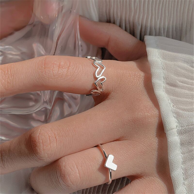 Wholesale 2-piece Set of Smooth Heart Hollow Alloy Rings