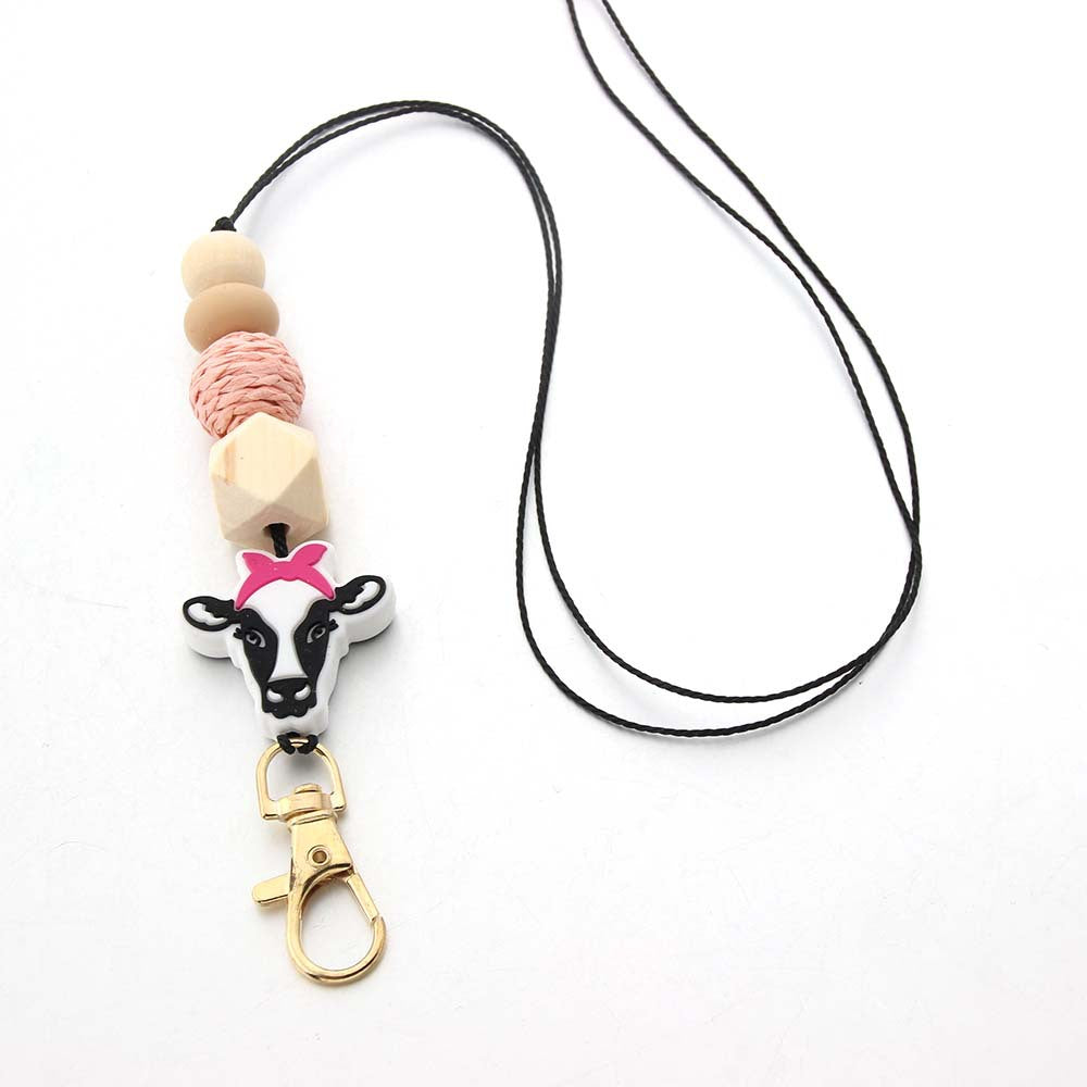 Wholesale Bohemian Style Beaded Silicone Wooden Beads Lanyard Bull Head Keychain