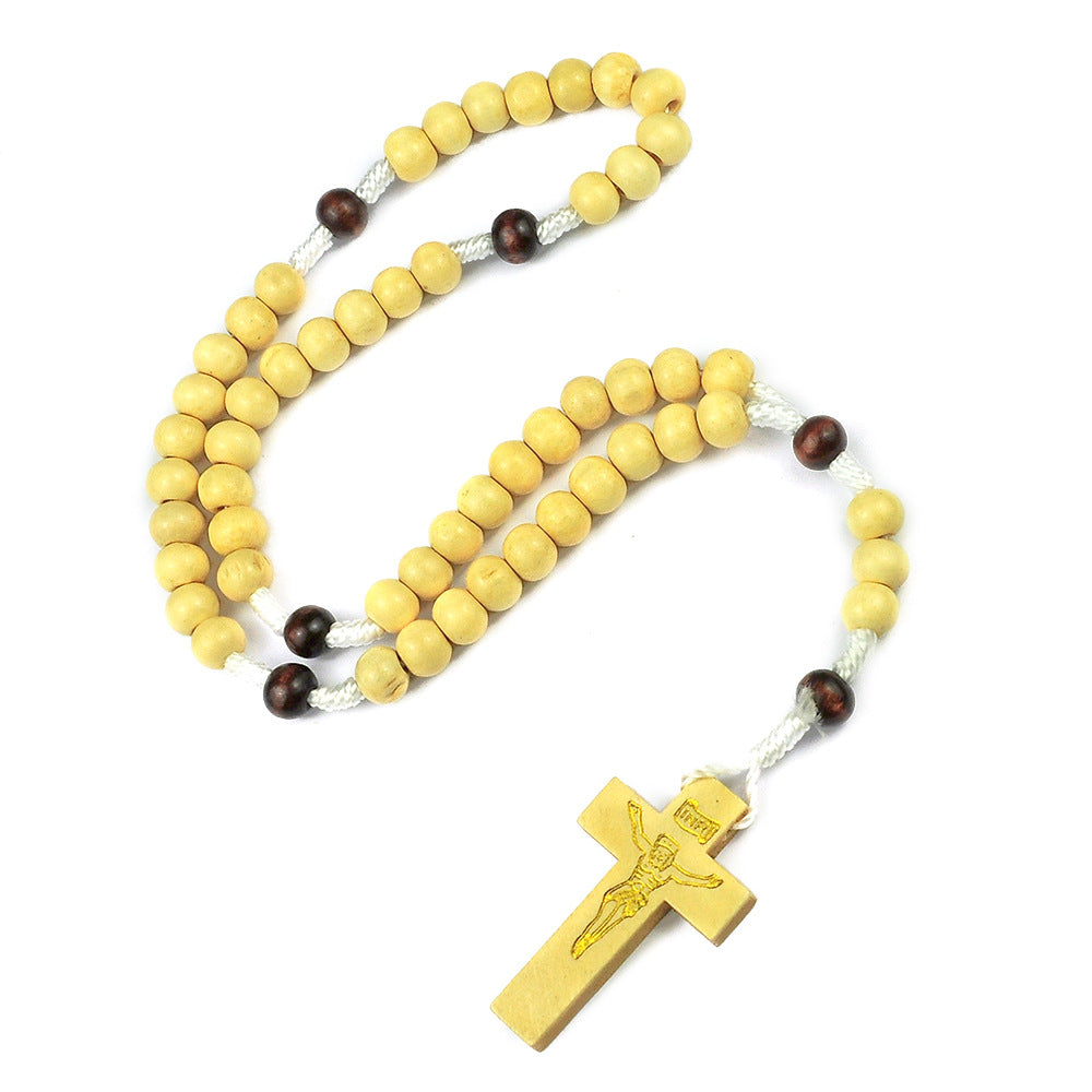 Wholesale Natural Wood Cross Rosary Braided 8mm Wooden Beads Necklace
