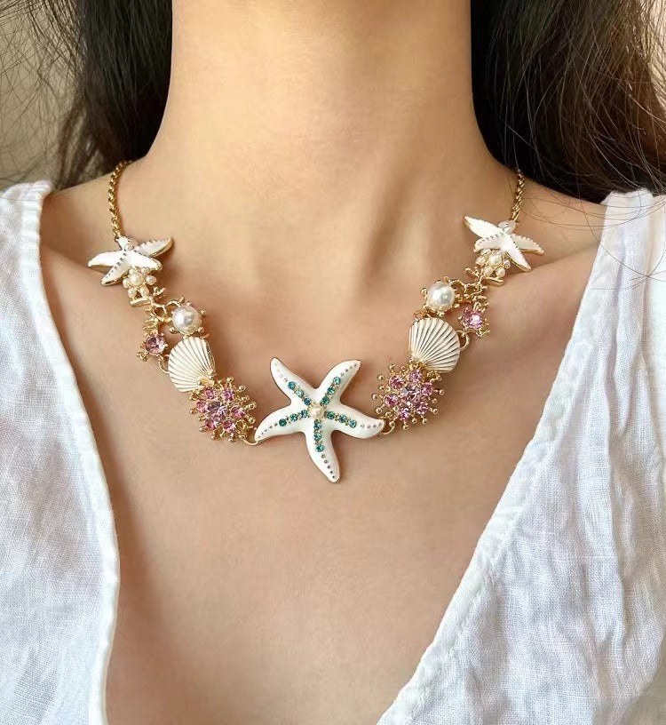 Wholesale Bohemian exaggerated color starfish shell pearl necklace clavicle chain