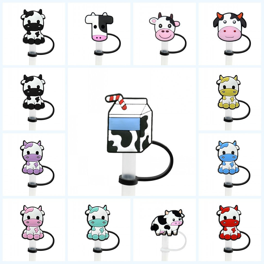 Wholesale of 10pcs Cow Patterned Pentagonal Silicone Dustproof Straw Plugs