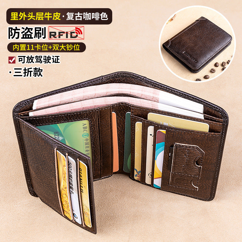 Wholesale Men's Wallet RFID Anti-theft Brushed Genuine Leather Wallet