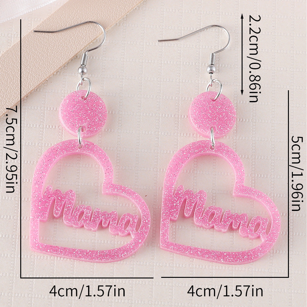 Wholesale Pink MAMA hollow heart disc double-sided earrings