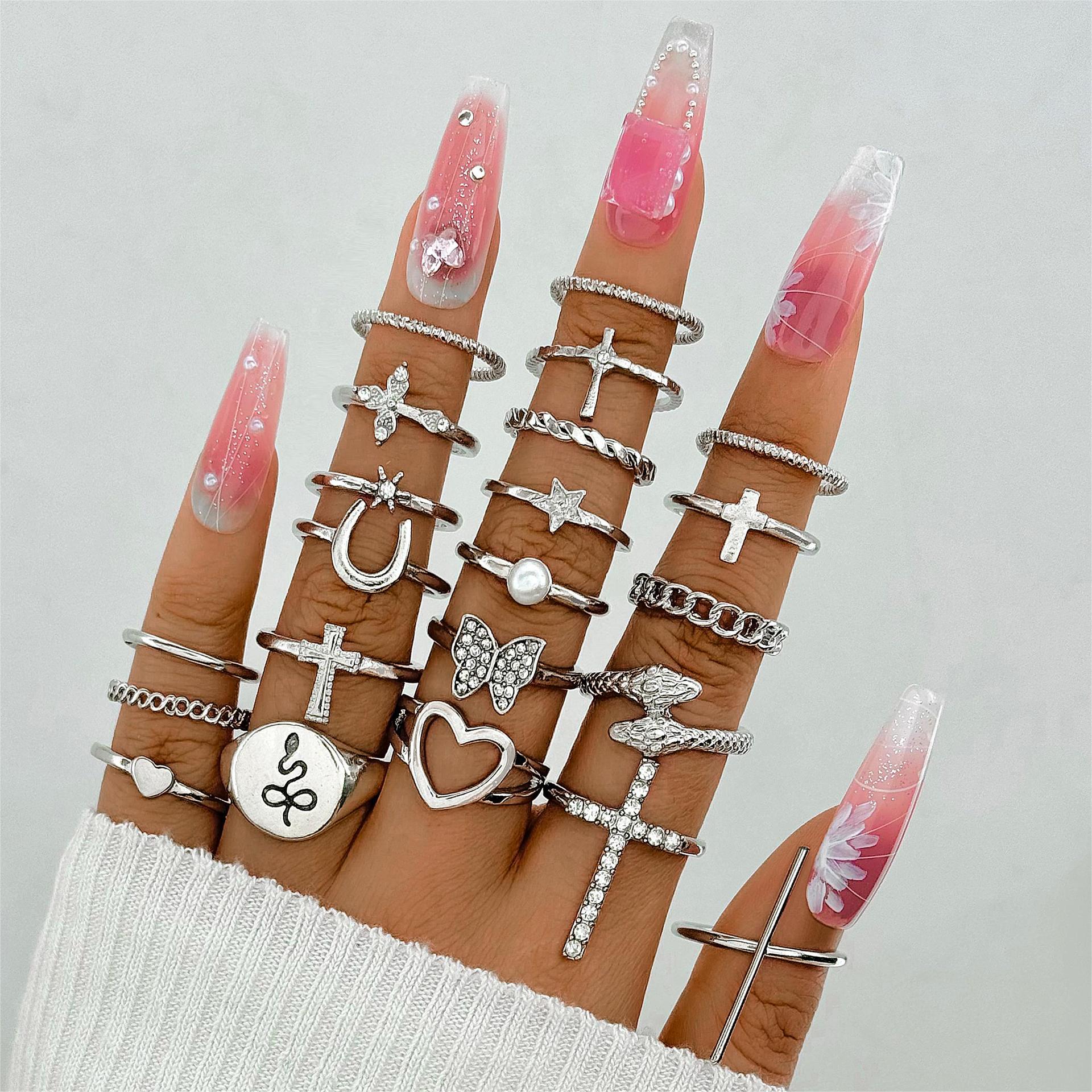 Wholesale Retro Butterfly Flower Moon Ring Punk Snake Stacking Joint Ring Set