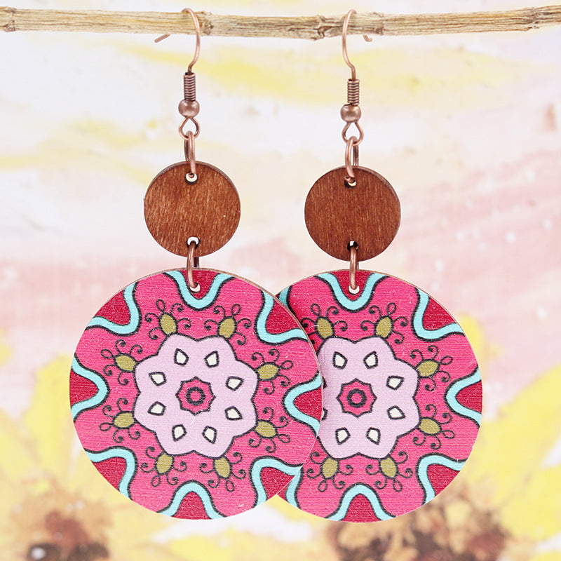 Wholesale 2pairs/pack Bohemian Style Spliced Mandala Flower Wooden Earrings