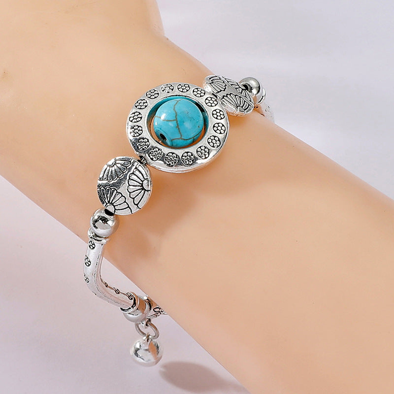 Wholesale Vintage Handmade Miao Bracelet Silver Tone Alloy With Turquoise Blue Accents Fashion Jewelry Accessory Travel Souvenir Gift