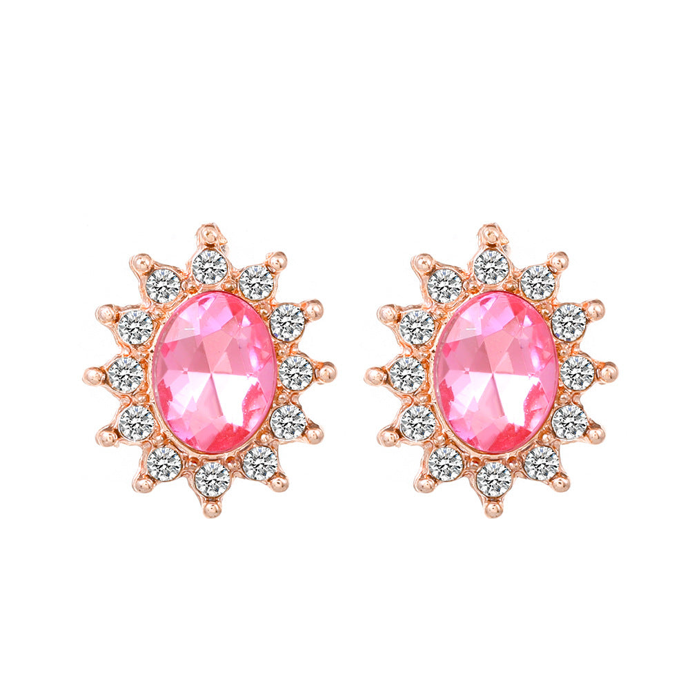Wholesale Pink Zircon Sunflower Full Diamond Gemstone Flower Alloy Earrings