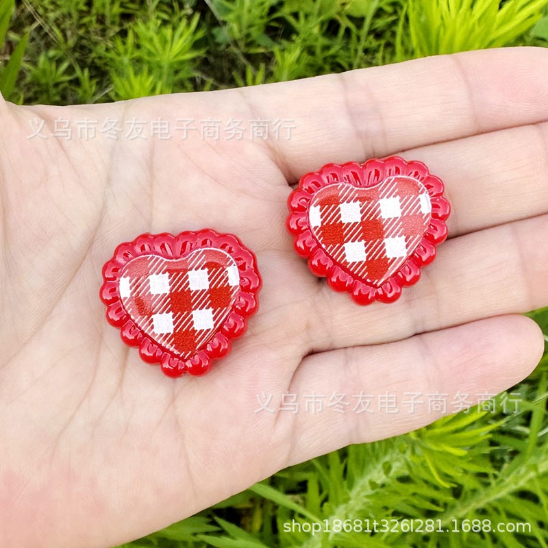 Wholesale 10pcs/pack Painted grid heart-shaped Acrylic Beads