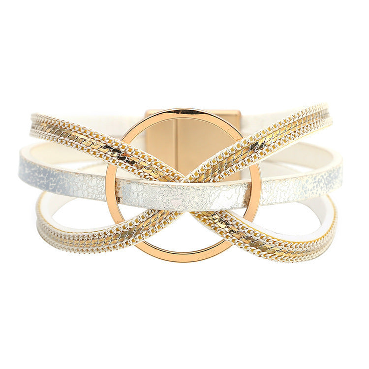 Wholesale Metal ring cross leather women' s bracelet