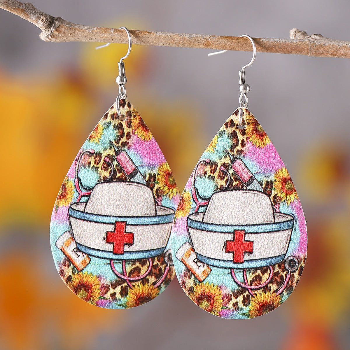 Wholesale Nurse' s Day western style leopard print sunflower  leather pendant earrings