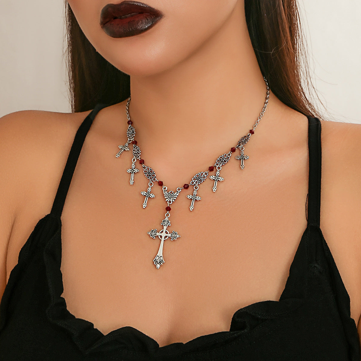 Wholesale Retro Gothic style blood dripping tassel cross multi-layer necklace