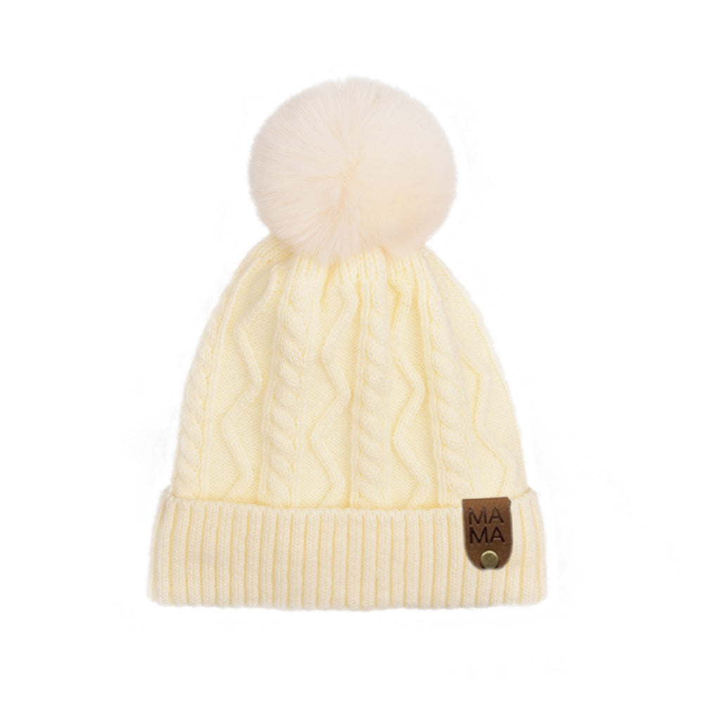 Wholesale Autumn and Winter Fleece Leather Label MINI Double Wool Ball Outdoor Warm Detachable Knitted Hat