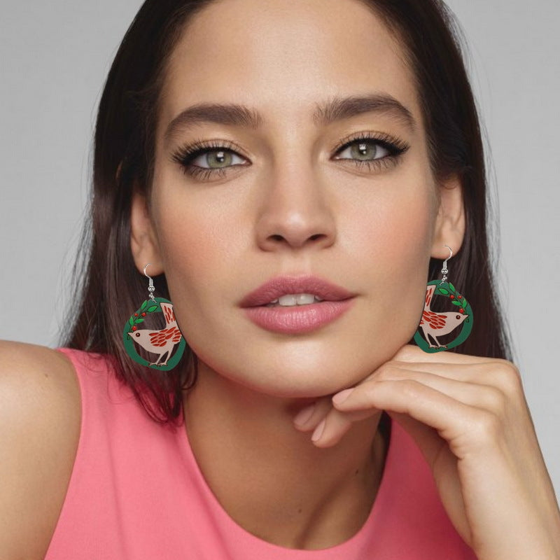 Wholesale Christmas Wooden Bird Santa Claus Tree Flowers Candle Snowman Earrings