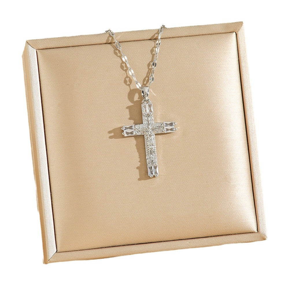 Wholesale Virgin Mary Cross Micro-Inlaid Zirconia Gold-Plated Copper Clavicle Necklace