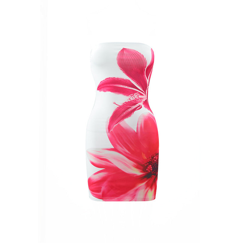 Wholesale Sexy women's tube top flower print slim fit hip short dress