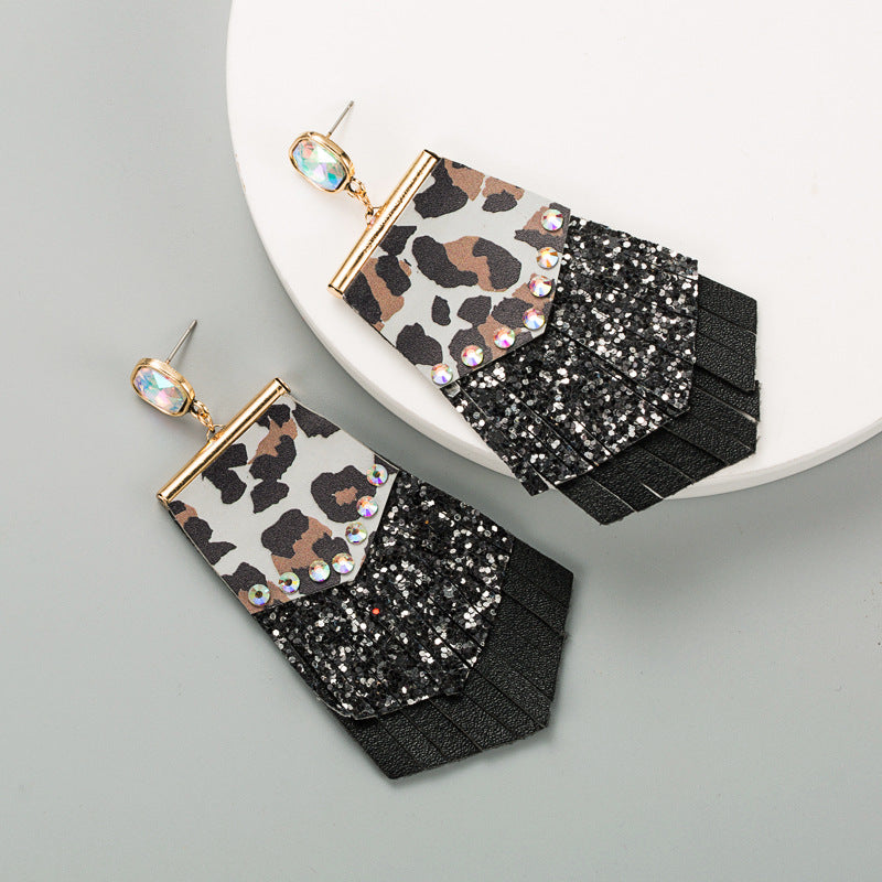 Wholesale Exaggerated leopard leather earrings with diamond tassels double-layer earrings