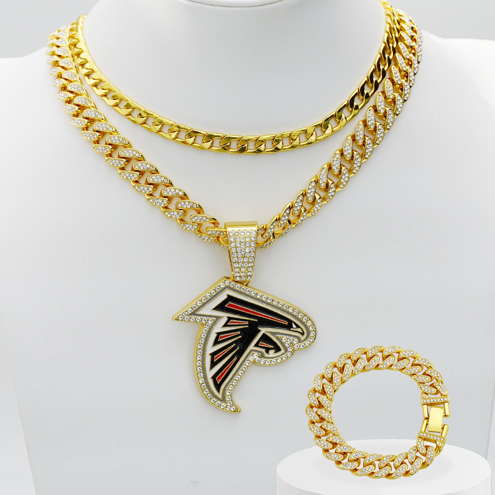 Wholesale Diamond Eagle Head Necklace Hip Hop Cuban Chain Bracelet Set