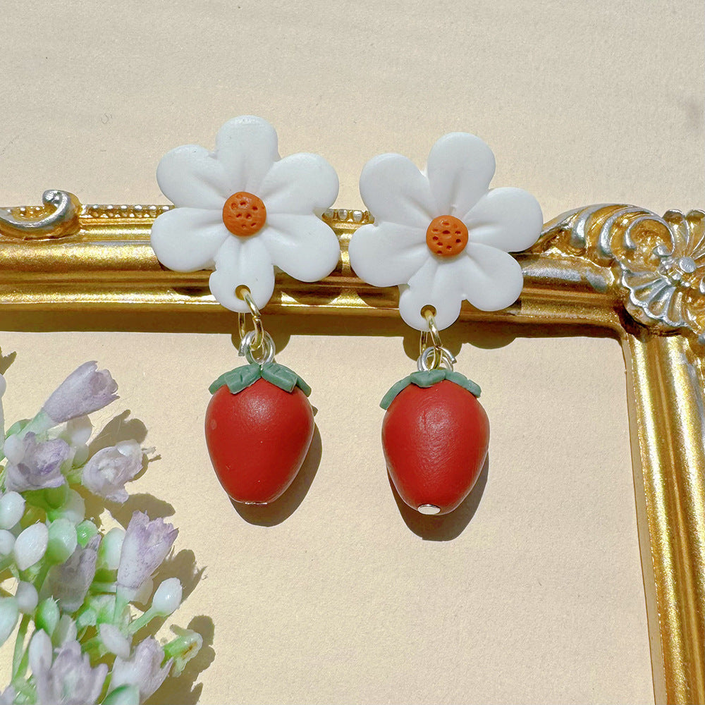 Wholesale Cute Strawberry Flower Soft Ceramic Earrings