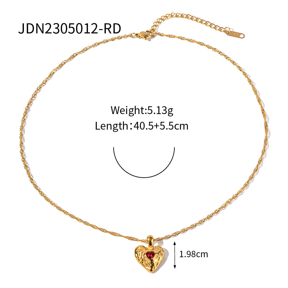 Wholesale Valentine's Day 18k Gold Stainless Steel Heart Hammered Zircon Necklace