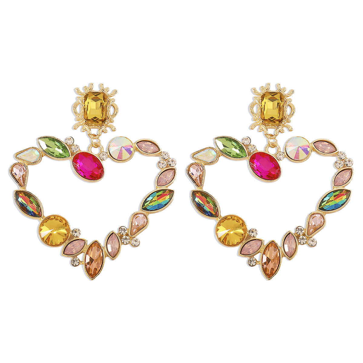 Wholesale Rhinestone Alloy Exaggerated Colored Diamond Gemstone Love Palace Style Earrings