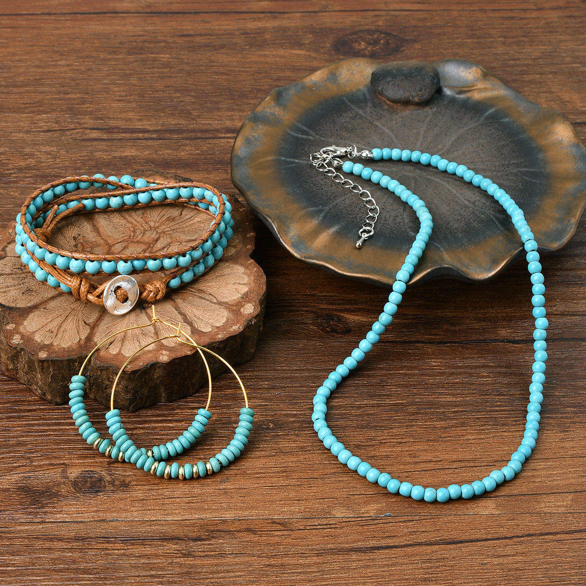 Wholesale Retro ethnic style turquoise beaded new Chinese necklace bracelet earrings set