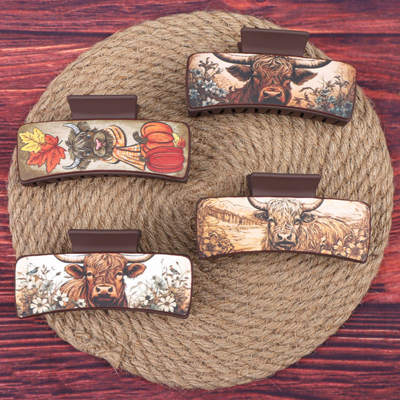 Wholesale PU Leather Non Slip Claw Clip With Western Cowboy Bull Head Flower Pattern For Women Everyday Styling