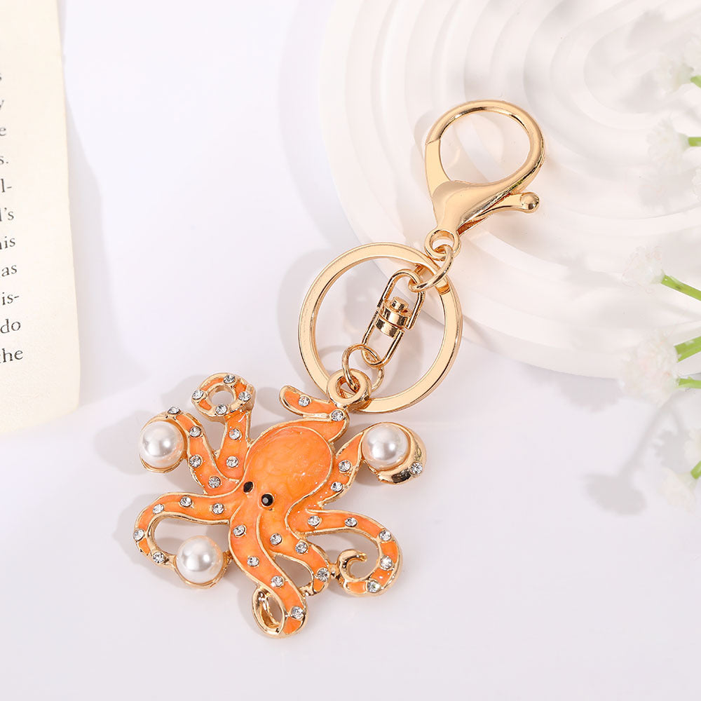 Wholesale Cute pearl inlaid octopus inlaid rhinestone Metal Keychain