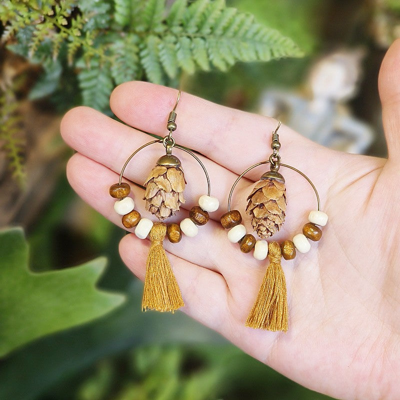 Wholesale Retro Real Fruit Exaggerated Large Hoop Hanging Wooden Beads Earrings