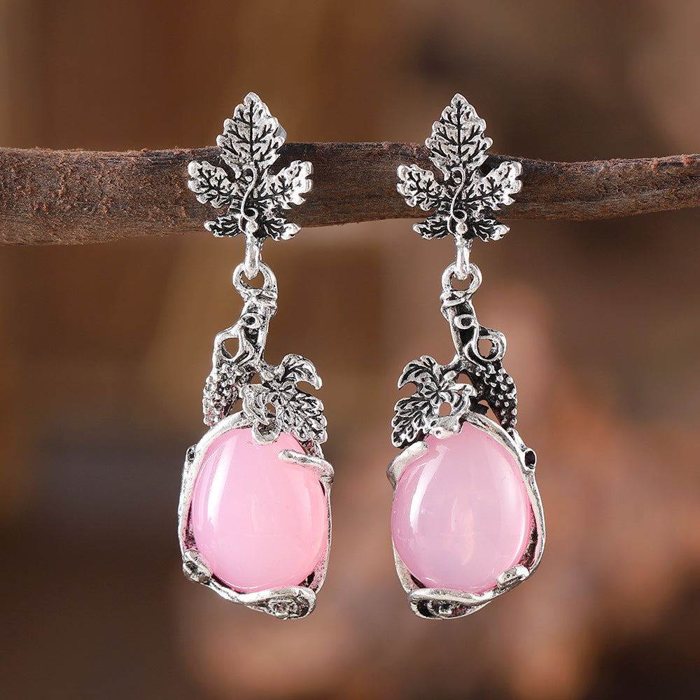 Wholesale Palace Style Grape Vine Leaves Inlaid Opal Pendant Literary Retro Niche Simple Earrings